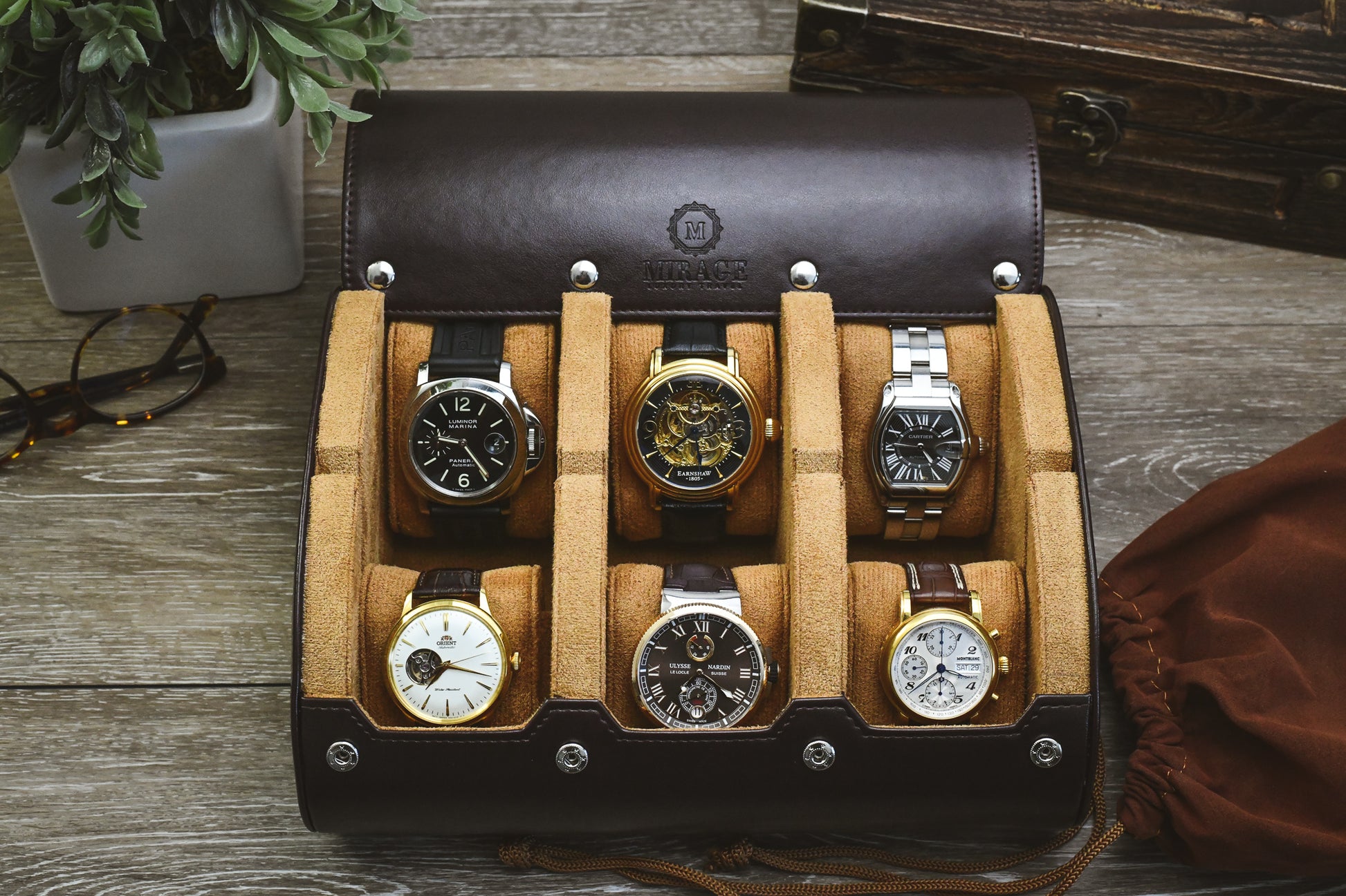 Premium Espresso Brown 6 watch travel case displaying six luxury watches for collectors and executive storage