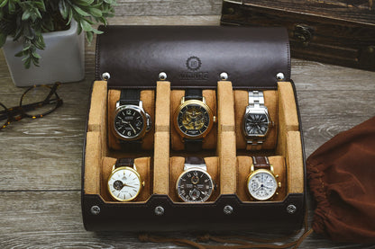 Premium Espresso Brown 6 watch travel case displaying six luxury watches for collectors and executive storage