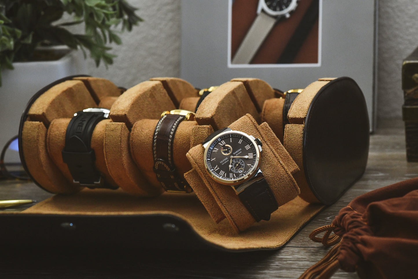 Espresso Brown luxury vegan leather 6 watch roll with sliding cushions for Rolex Omega Grand Seiko and Tudor watches