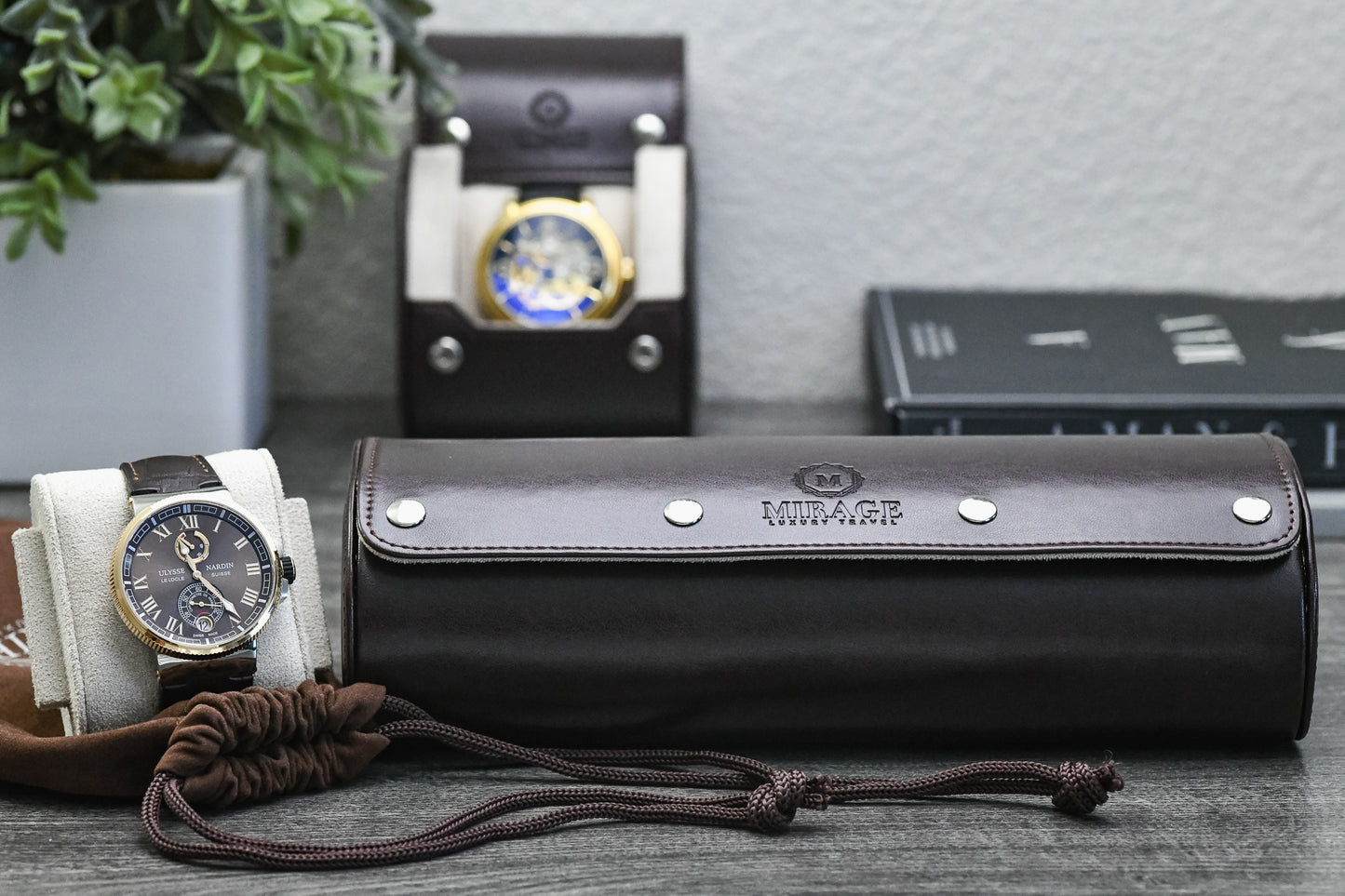 Espresso Brown 3 watch roll displayed beside luxury watch accessories for home storage and collector display