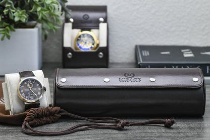 Espresso Brown 3 watch roll displayed beside luxury watch accessories for home storage and collector display