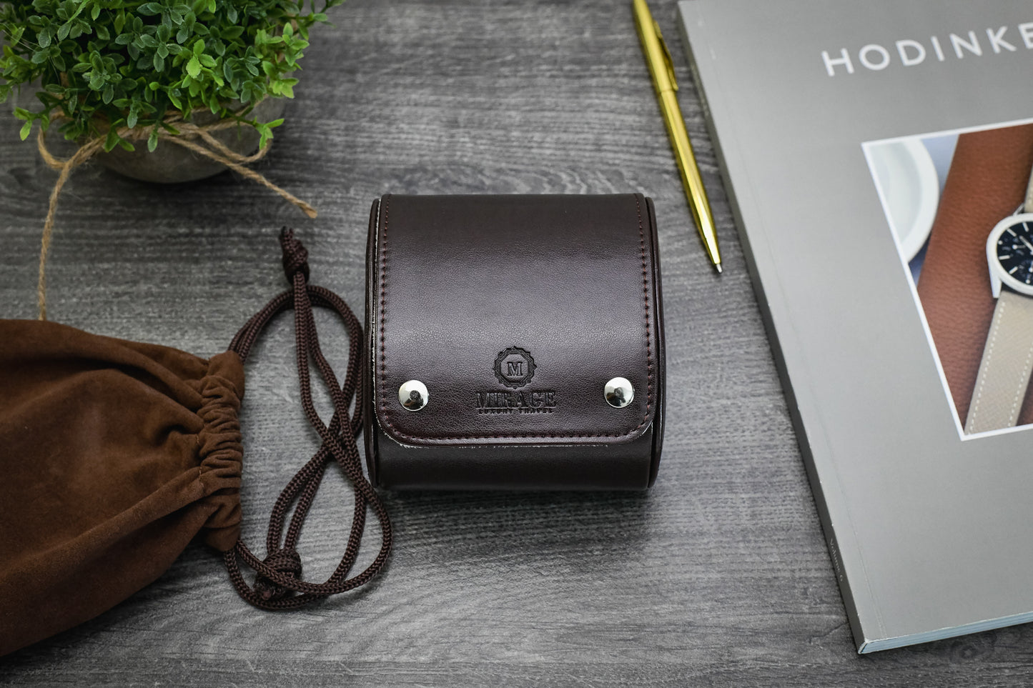 Mirage Luxury Travel Signature Collection Espresso Brown premium vegan leather 1-watch roll with an Ivory White premium suede-lined interior, displayed with premium gift-ready packaging and accessories.