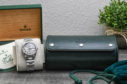 Royal Green premium vegan leather 2 watch roll displayed with luxury watches in an elegant executive workspace.