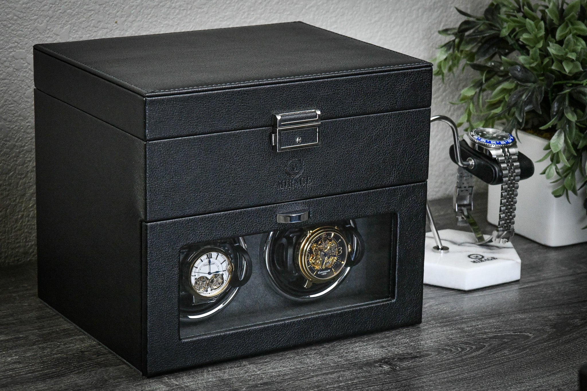 Ebony Black premium vegan leather luxury watch winder displayed on a desk, highlighting elegant automatic watch storage and display.