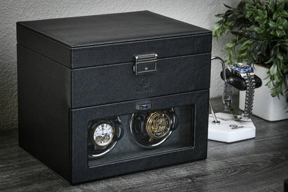 Ebony Black premium vegan leather luxury watch winder displayed on a desk, highlighting elegant automatic watch storage and display.