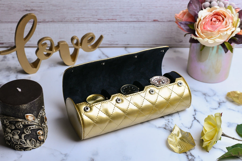 Women's Royal Gold luxury watch roll with premium gift-ready packaging, velvet bag, microfiber cloth, and presentation box
