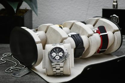 Premium Jade Black 6 watch roll with ivory white suede interior displaying luxury watches including Rolex, Omega, Breitling, Panerai, Tudor, Grand Seiko, Seiko, and Cartier in a premium vegan leather travel watch case.