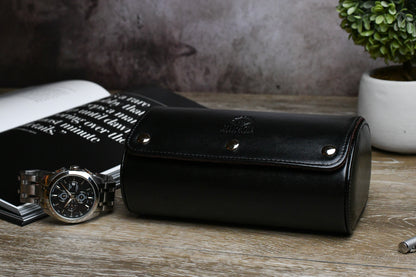 Closed Jade Black vegan leather 2 watch roll showcasing premium craftsmanship for luxury watch collectors.