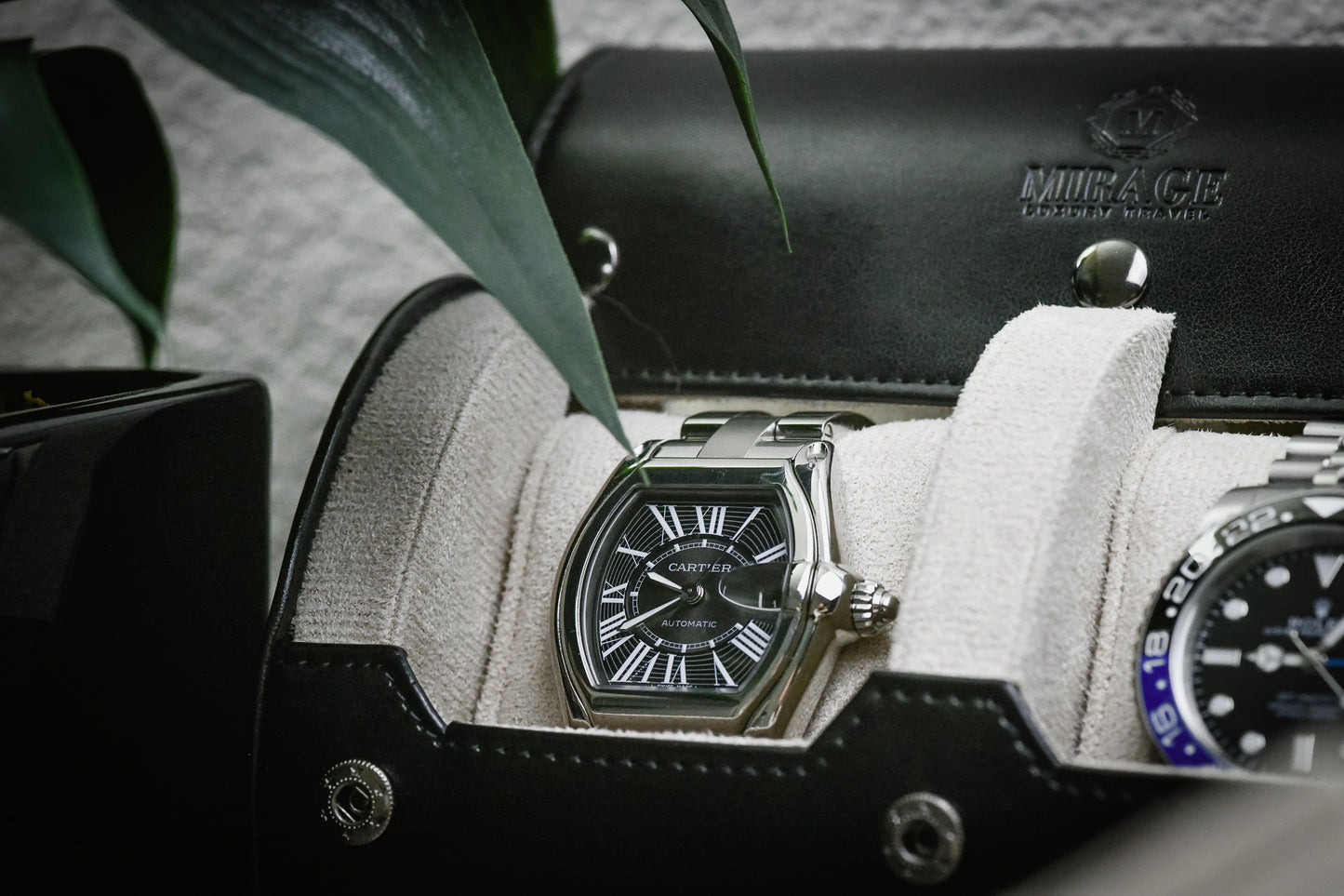 Premium Jade Black vegan leather 2 watch roll displayed with luxury watches and collector accessories.