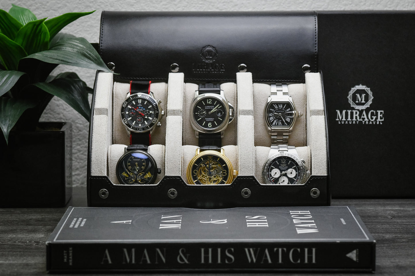 Premium Jade Black and ivory white 6 watch travel case displaying six luxury watches for collectors and enthusiasts
