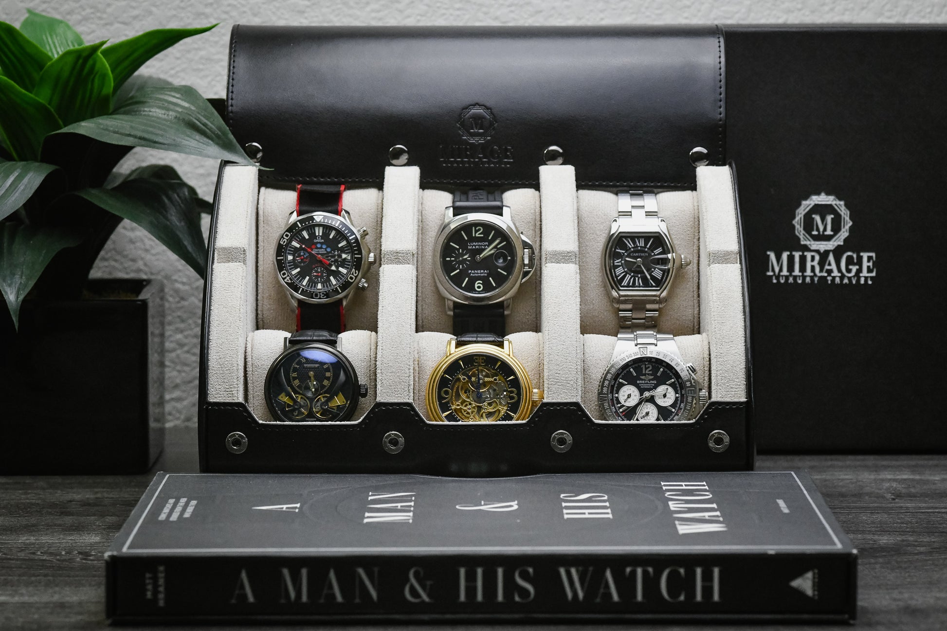 Premium Jade Black and ivory white 6 watch travel case displaying six luxury watches for collectors and enthusiasts
