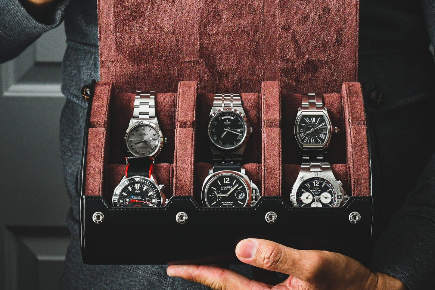 Premium Jade Black 6 watch roll displaying luxury watches with gift-ready presentation for collectors