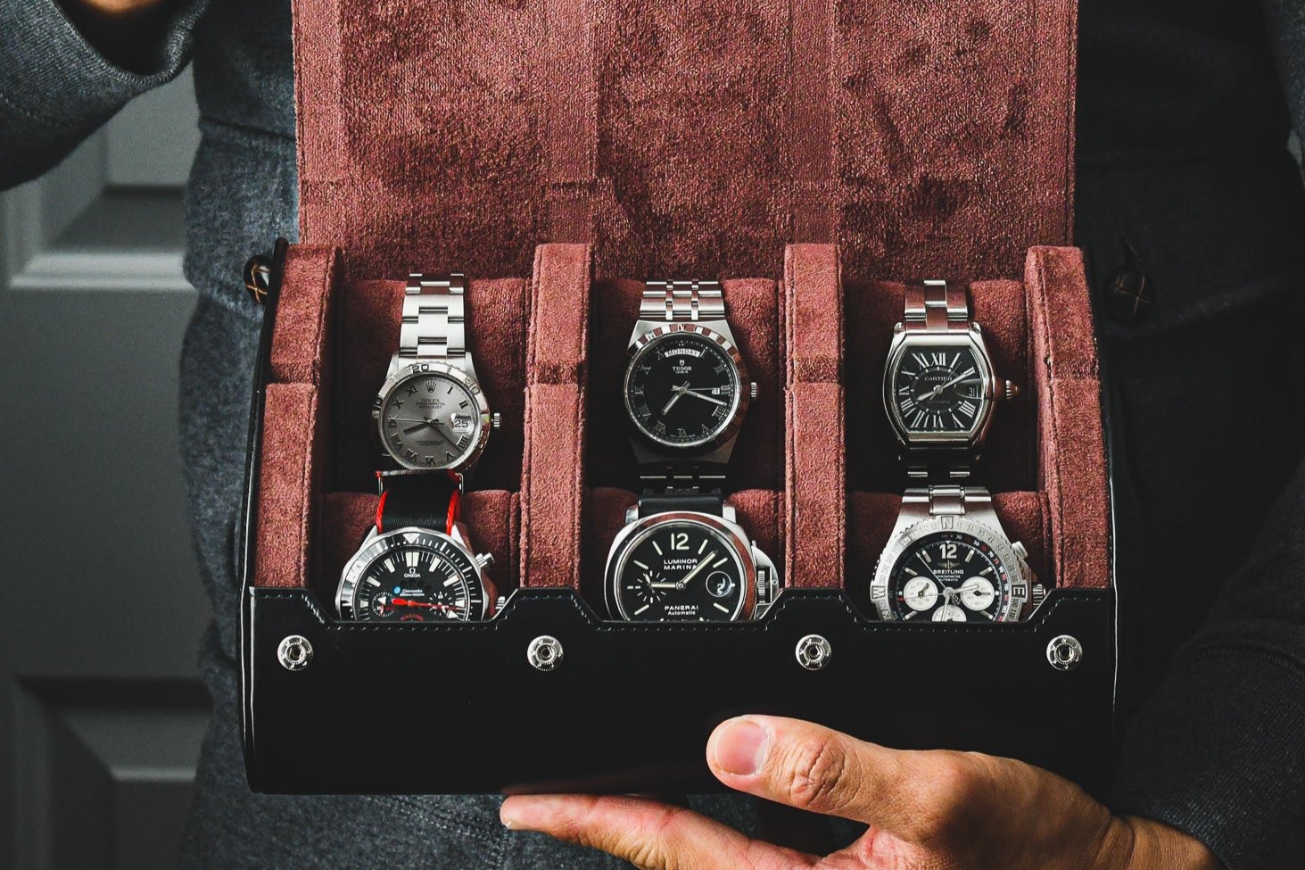 Premium Jade Black 6 watch roll displaying luxury watches with gift-ready presentation for collectors