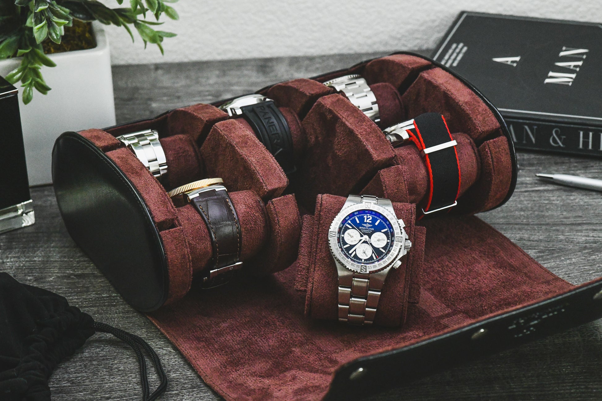 Luxury Jade Black vegan leather 6 watch roll with sliding cushions protecting Rolex Omega Grand Seiko Tudor and Seiko watches