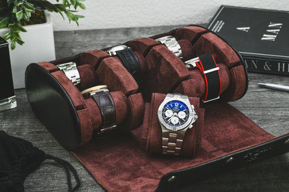 Luxury Jade Black vegan leather 6 watch roll with sliding cushions protecting Rolex Omega Grand Seiko Tudor and Seiko watches