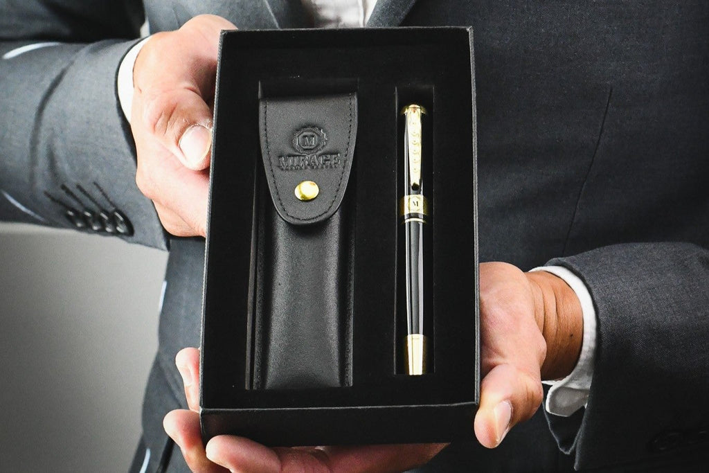 Mirage Luxury Travel Splendor Black luxury executive pen presented in premium gift-ready packaging with a genuine leather pen pouch and elegant presentation box.