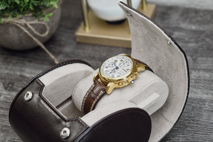 Mirage Luxury Travel Signature Collection Espresso Brown premium vegan leather 1-watch roll featuring an elegant Ivory White premium suede-lined interior and secure sliding watch cushion.