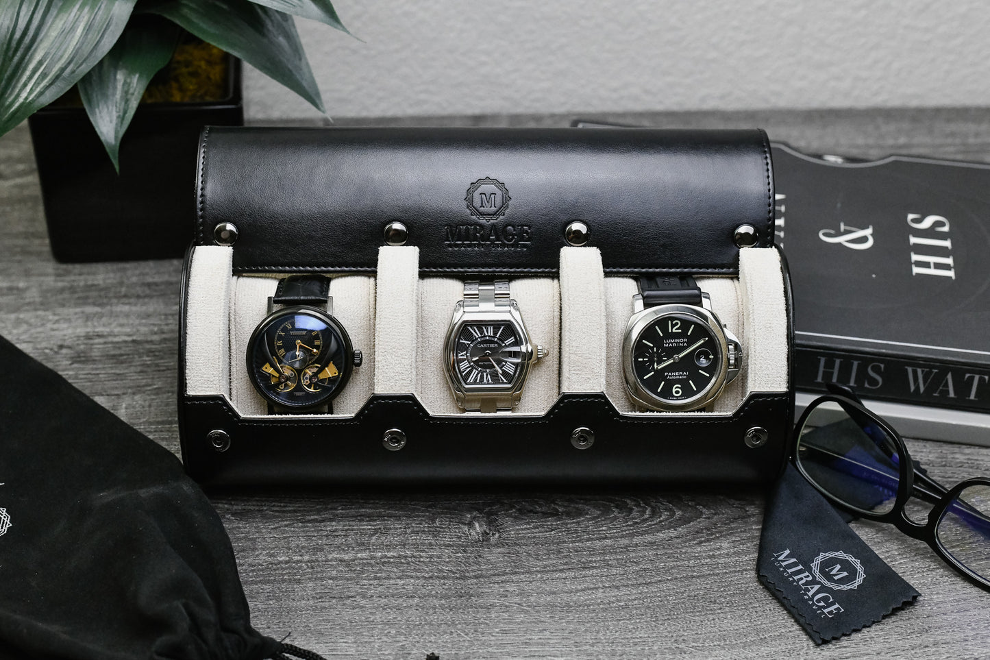 Premium Jade Black 3 watch travel case with ivory white interior displaying luxury watches for collectors