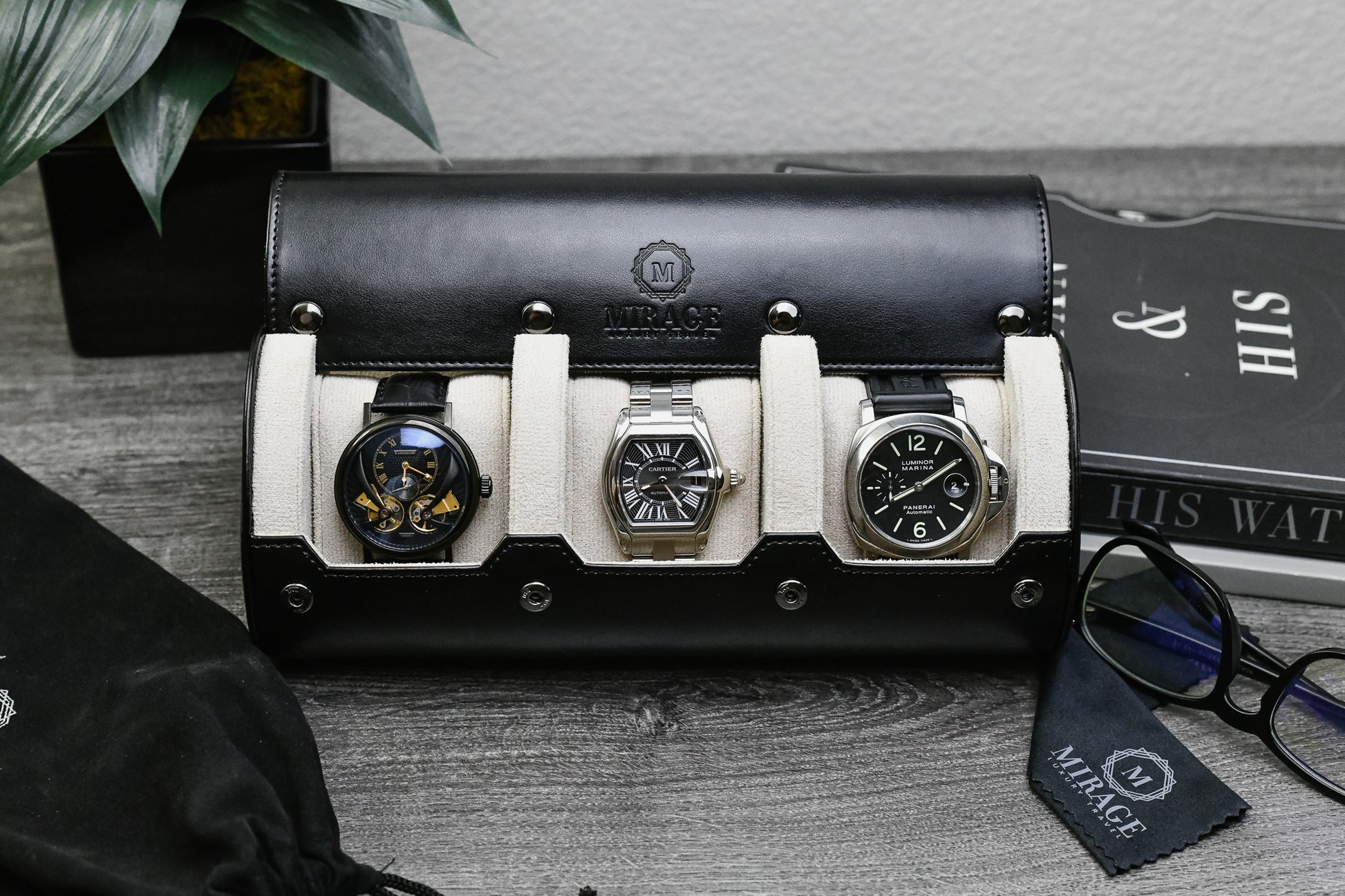 Premium Jade Black 3 watch travel case with ivory white interior displaying luxury watches for collectors