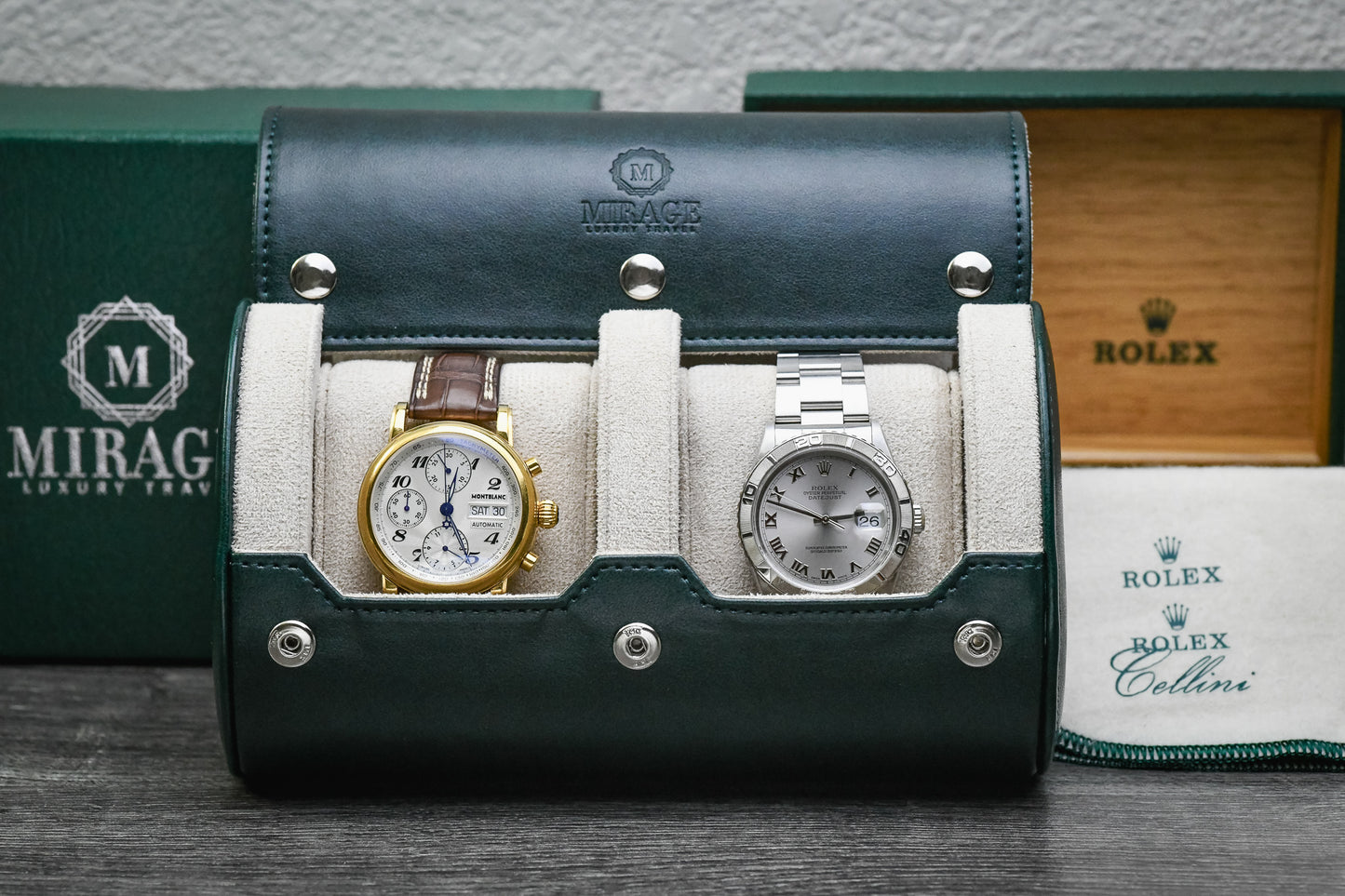 Royal Green premium vegan leather 2 watch roll displayed with luxury watches in an elegant collector's setting.