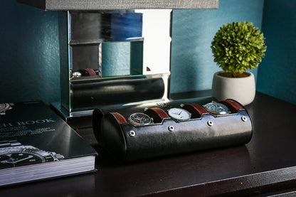 Jade Black vegan leather watch roll displayed on luxury desk with premium watch accessories