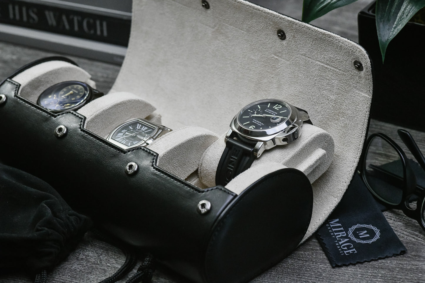 Close-up of luxury watches stored inside Jade Black premium vegan leather 3 watch organizer with ivory white lining