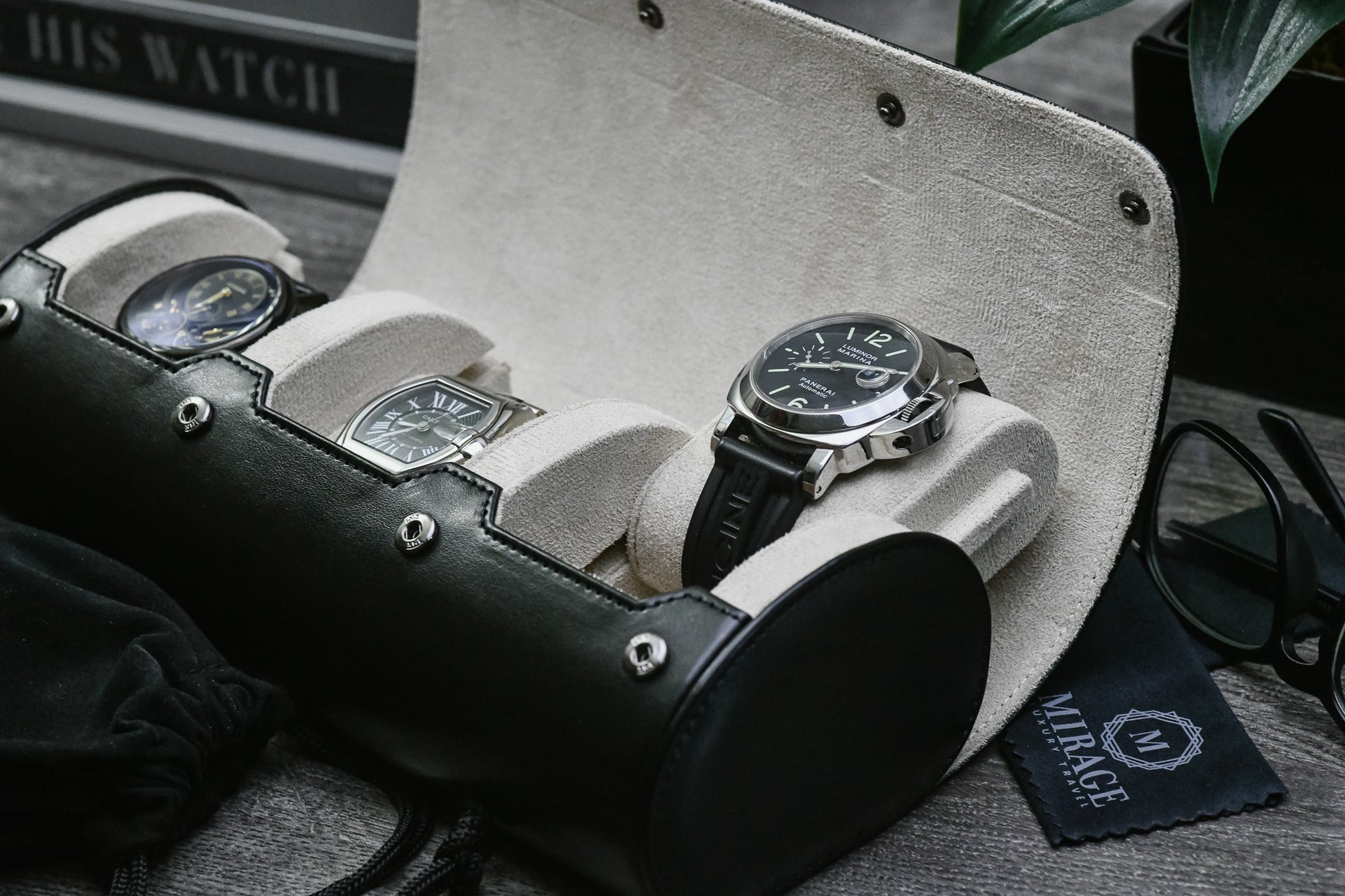 Close-up of luxury watches stored inside Jade Black premium vegan leather 3 watch organizer with ivory white lining