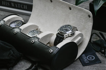 Close-up of luxury watches stored inside Jade Black premium vegan leather 3 watch organizer with ivory white lining