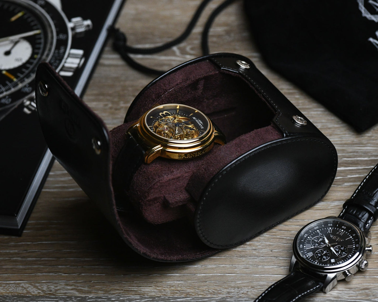 Luxury watch securely stored inside the Mirage Luxury Travel Signature Collection Jade Black premium vegan leather 1-watch roll with a premium suede-lined interior.
