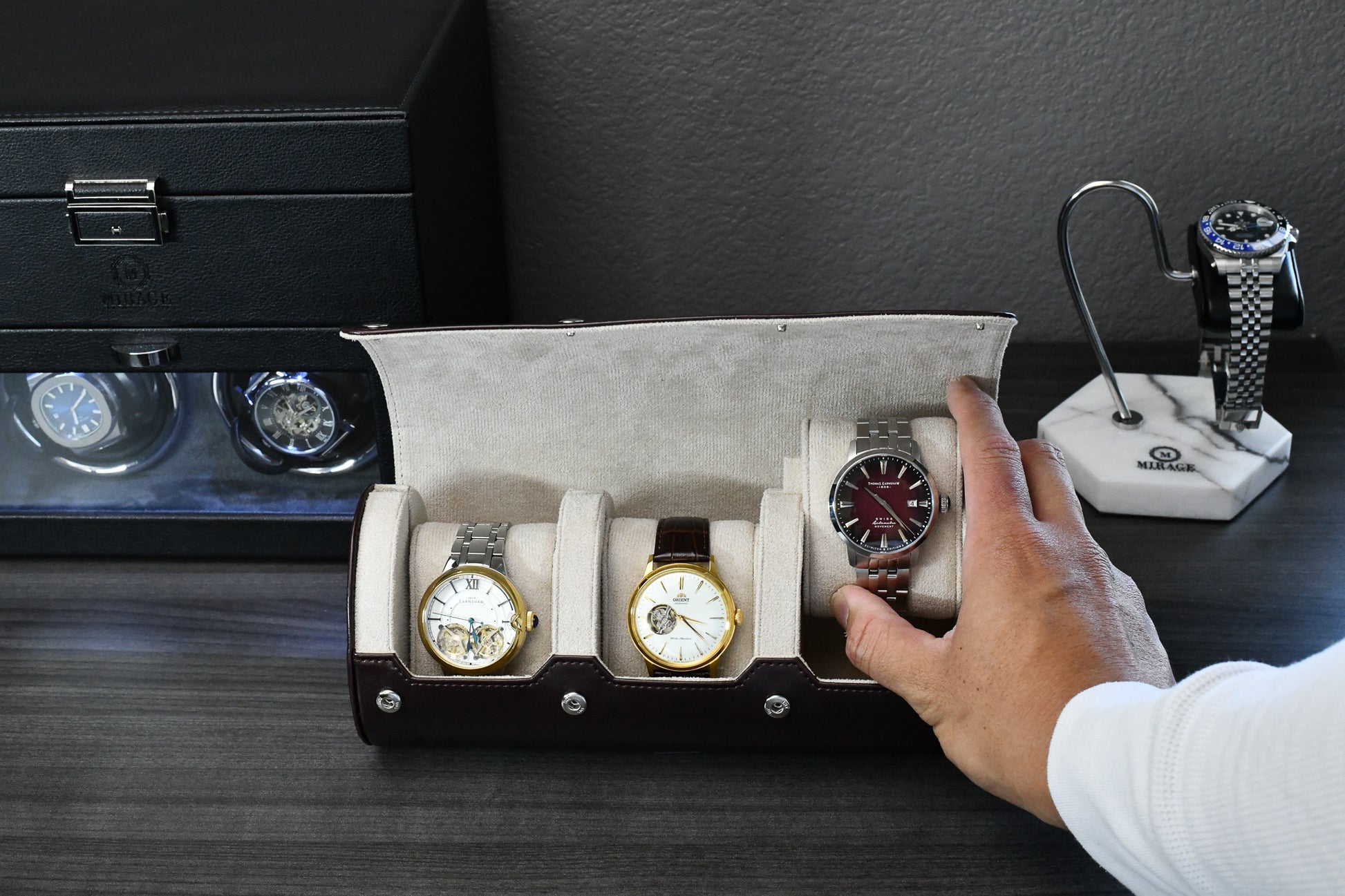 Espresso Brown 3 watch roll presented in Mirage Luxury Travel premium gift-ready packaging
