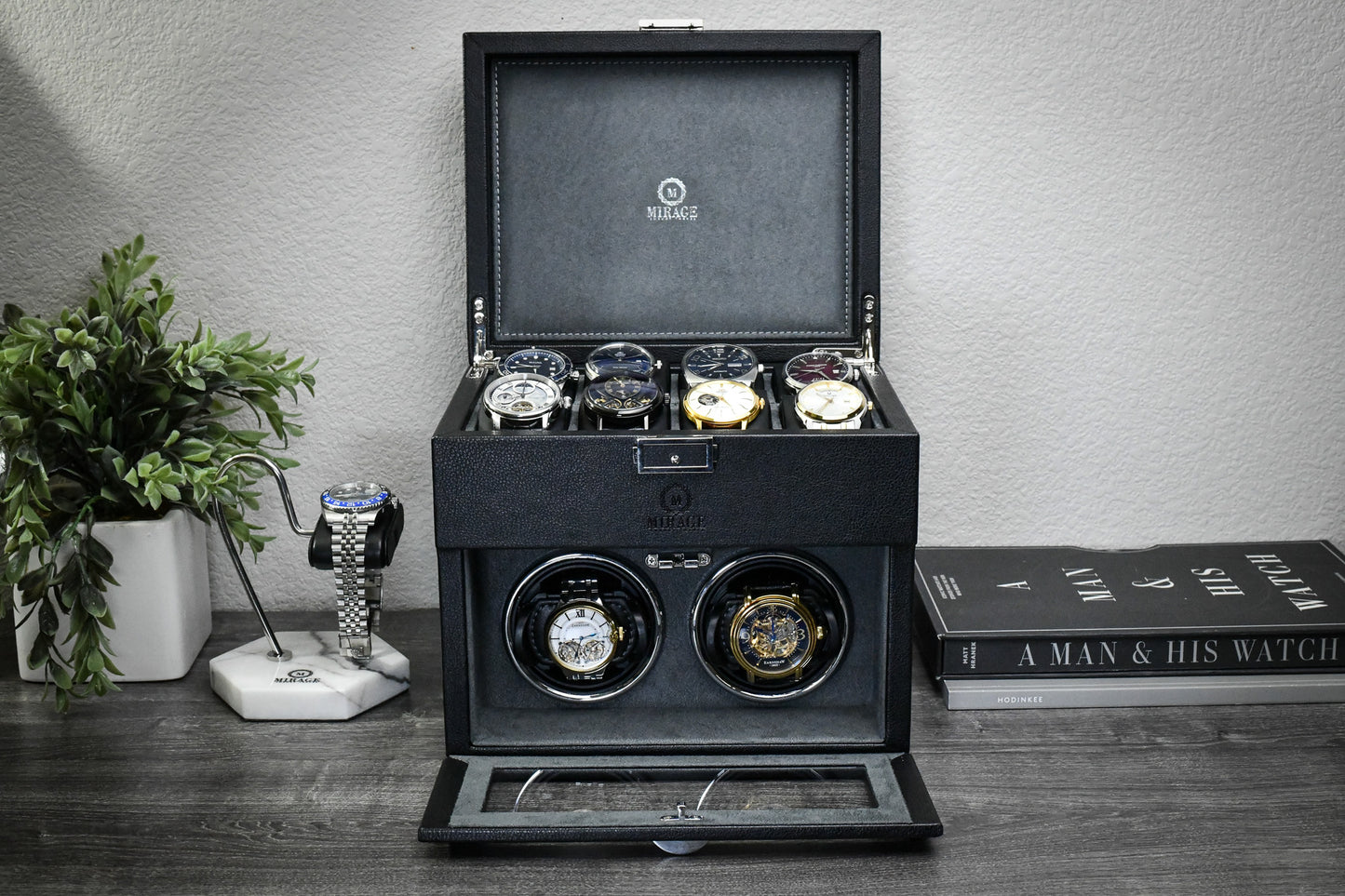 Open Ebony Black premium vegan leather automatic watch winder showcasing premium suede-lined interior and luxury watch display.