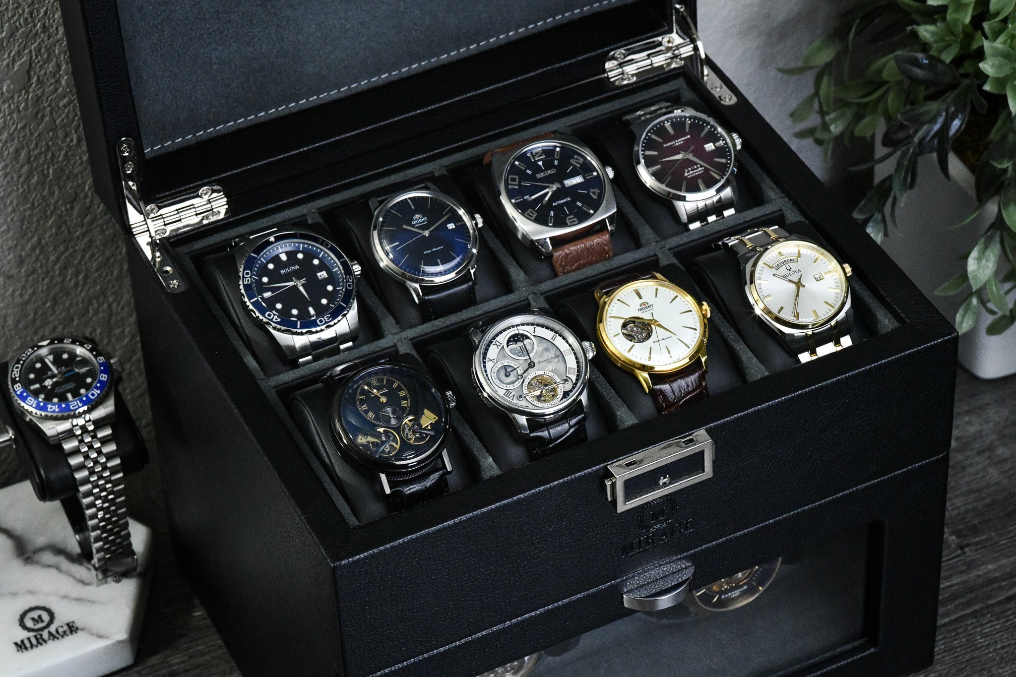 Open Ebony Black premium vegan leather watch winder displaying automatic watches with additional top storage compartments.