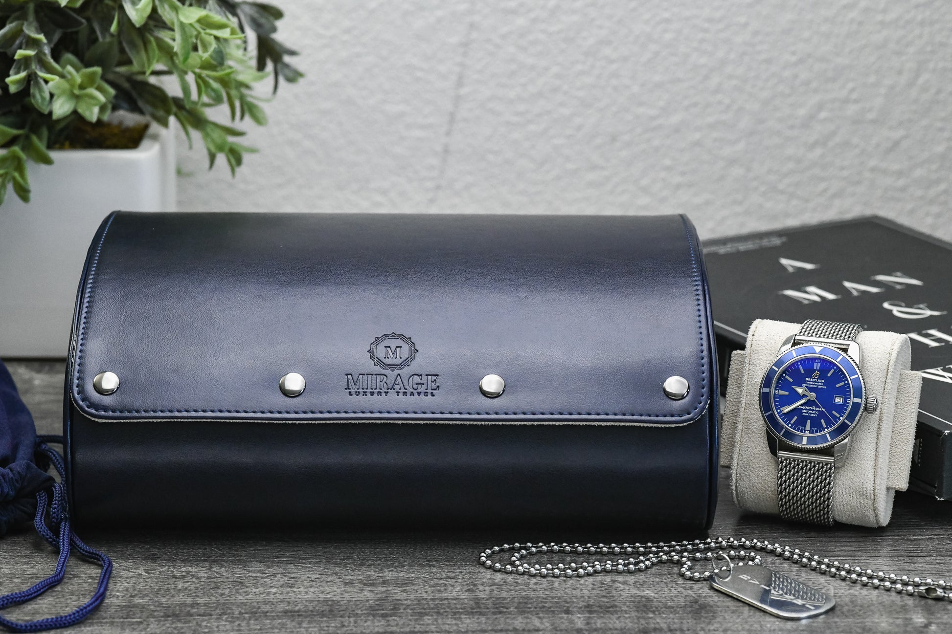 Closed Midnight Blue premium vegan leather luxury watch travel case for six watches with secure storage design