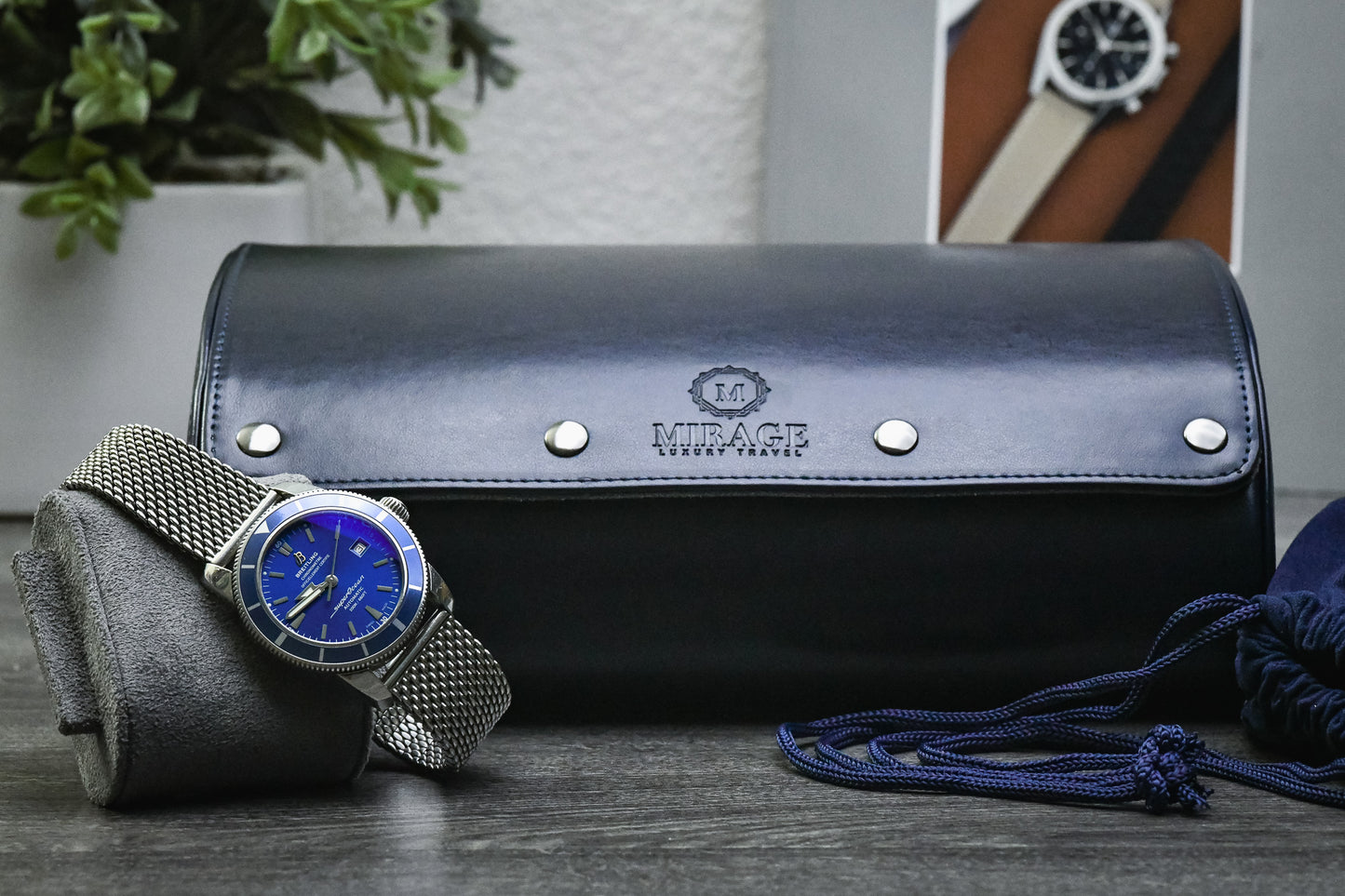 Closed Midnight Blue premium vegan leather 6 watch roll for luxury watch travel and storage