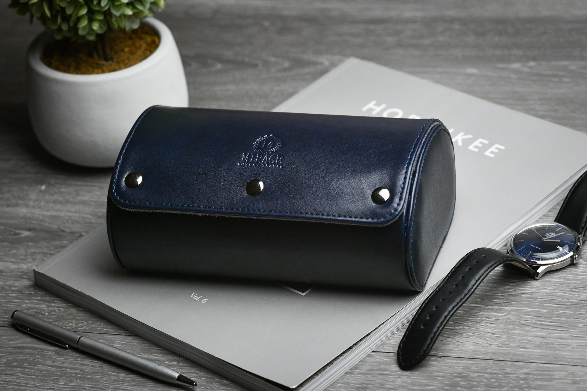 Closed Midnight Blue vegan leather 2 watch roll designed for executives, collectors, and business travel.