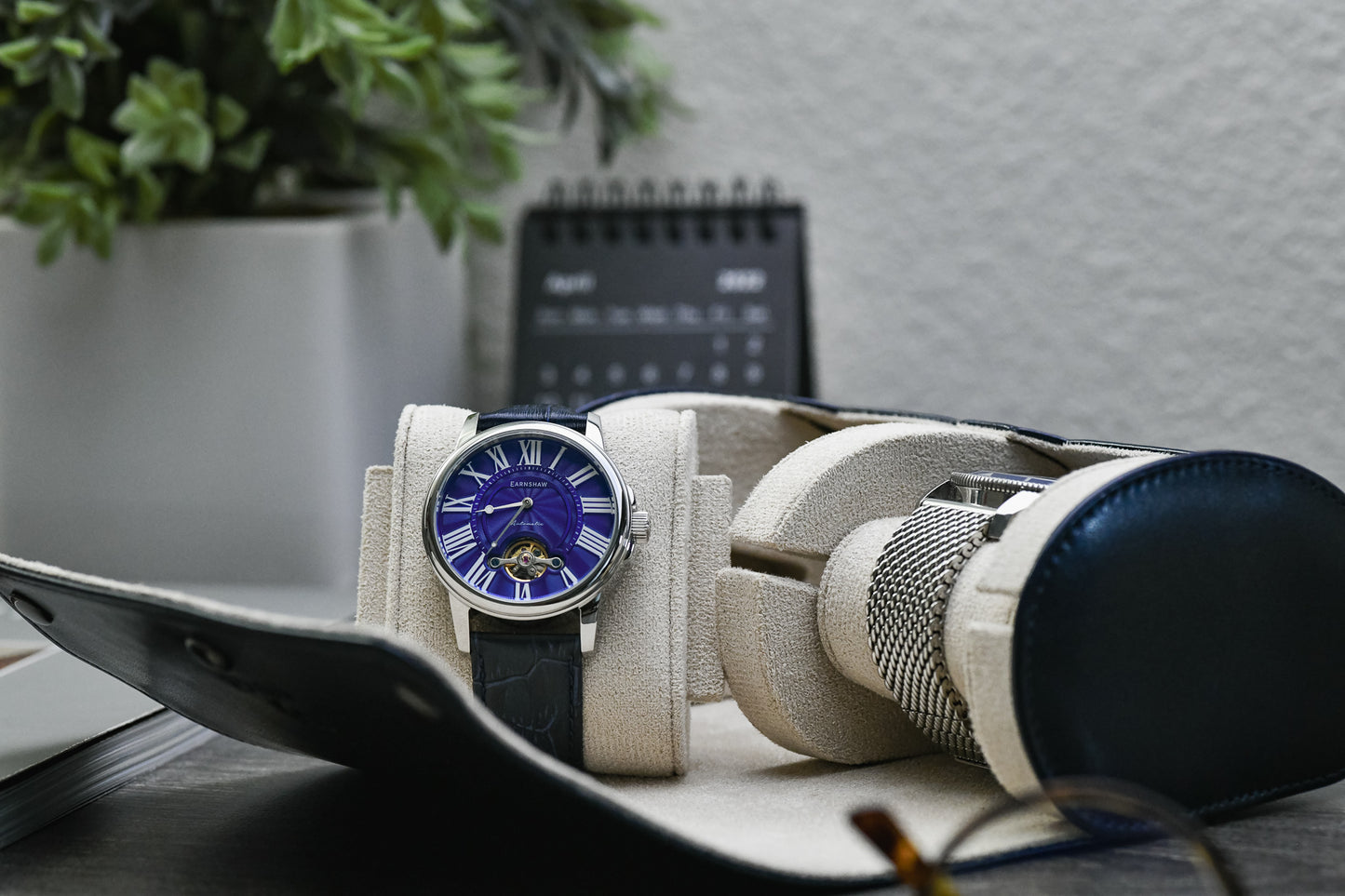 Midnight Blue vegan leather 2 watch roll displayed with luxury watches and premium collector accessories.