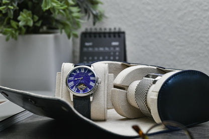 Midnight Blue vegan leather 2 watch roll displayed with luxury watches and premium collector accessories.