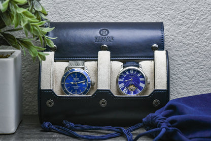 Midnight Blue vegan leather 2 watch travel case displayed with luxury watches in a premium collector setup.