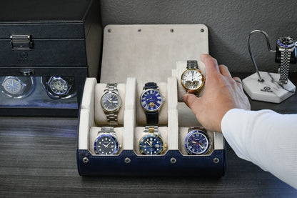 Premium Midnight Blue vegan leather 6 watch roll with ivory white interior protecting Rolex Omega Grand Seiko Tudor and Seiko watches