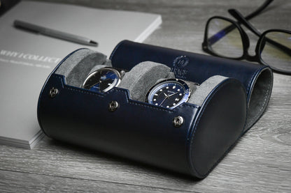 Midnight Blue vegan leather 2 watch roll displayed with luxury watches on a premium workspace.