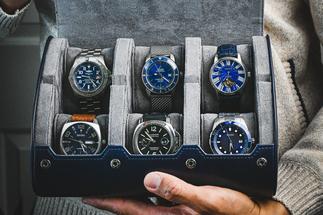 Premium Midnight Blue 6 watch roll displaying Rolex Omega Tudor Grand Seiko and Seiko watches with gift-ready presentation