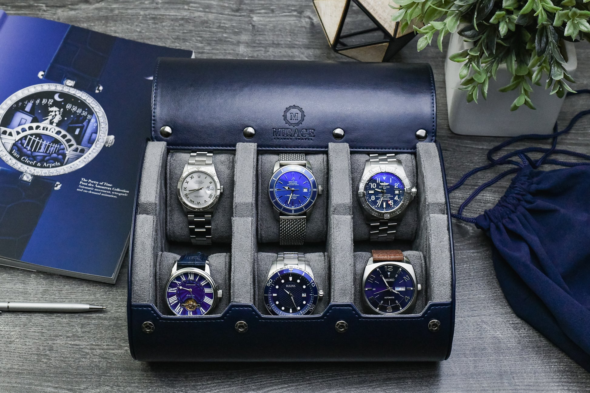 Premium Midnight Blue 6 watch travel case displaying six luxury watches for collectors and executive storage