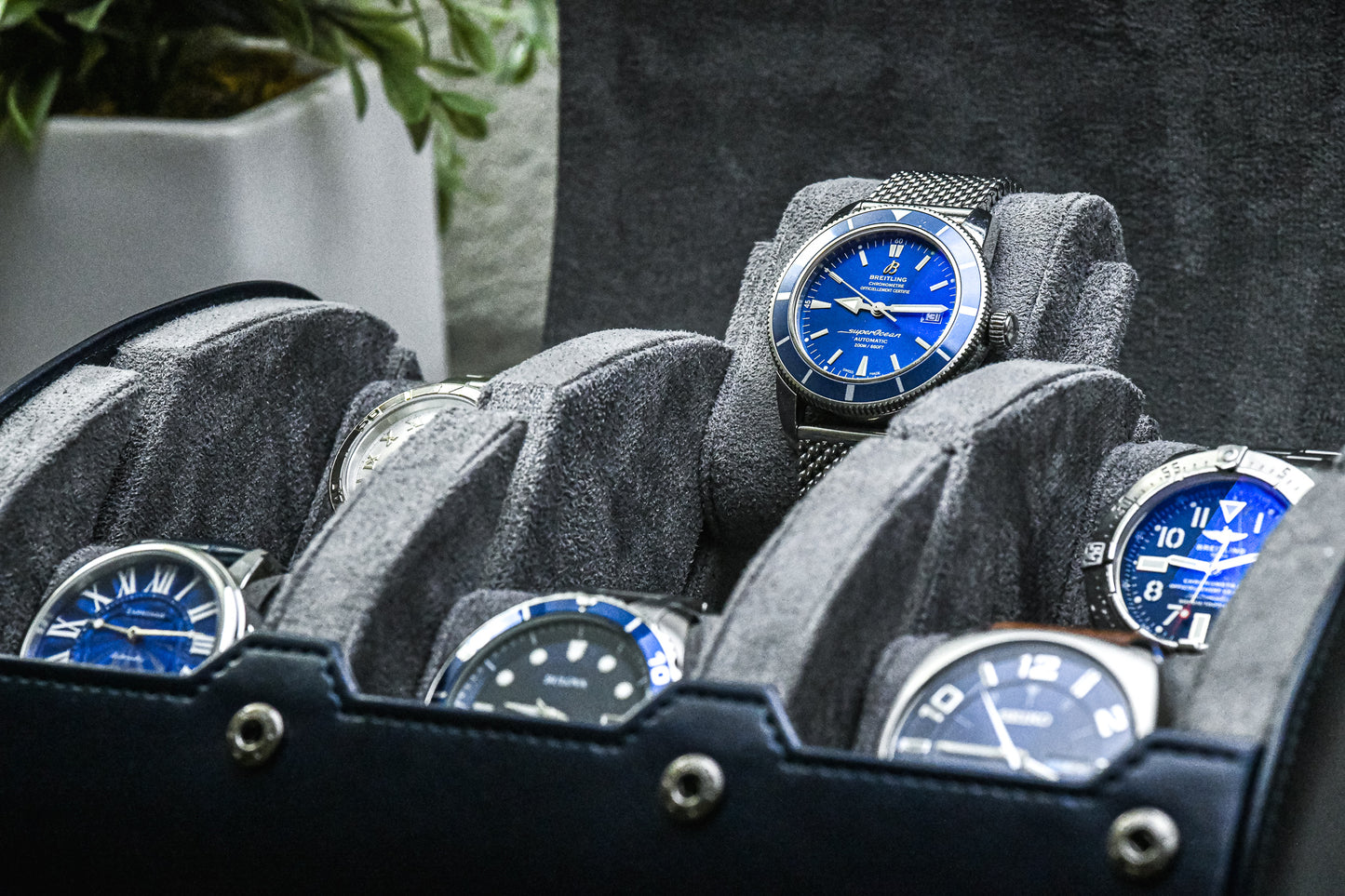Close-up of luxury watches secured inside the Midnight Blue suede-lined 6 watch travel organizer