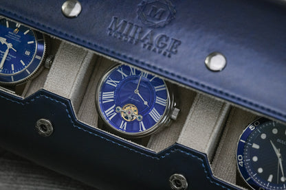 Detailed view of luxury watch resting inside Midnight Blue premium vegan leather watch roll with ivory white lining