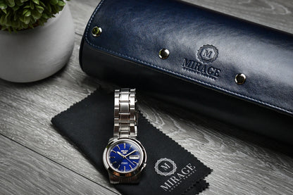 Closed Midnight Blue premium vegan leather 3 watch roll displayed beside luxury watch accessories