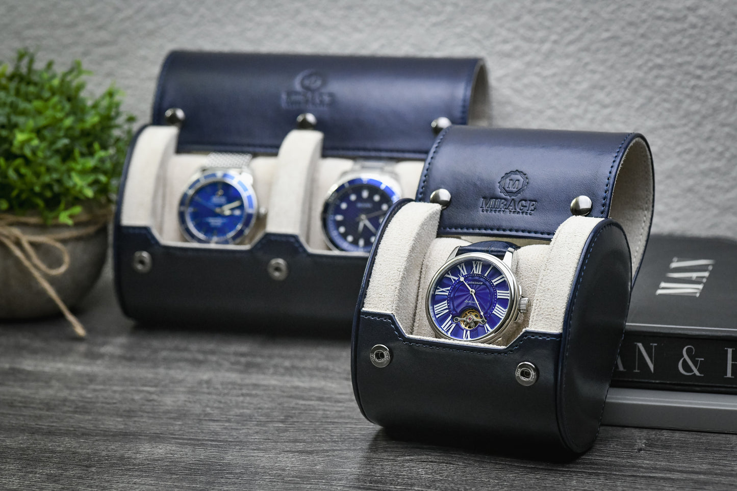 Midnight Blue Signature Collection watch roll displayed open with a luxury watch and premium gift-ready accessories.