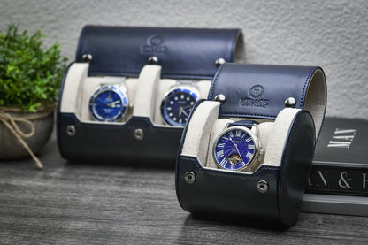 Midnight Blue Signature Collection watch roll displayed open with a luxury watch and premium gift-ready accessories.