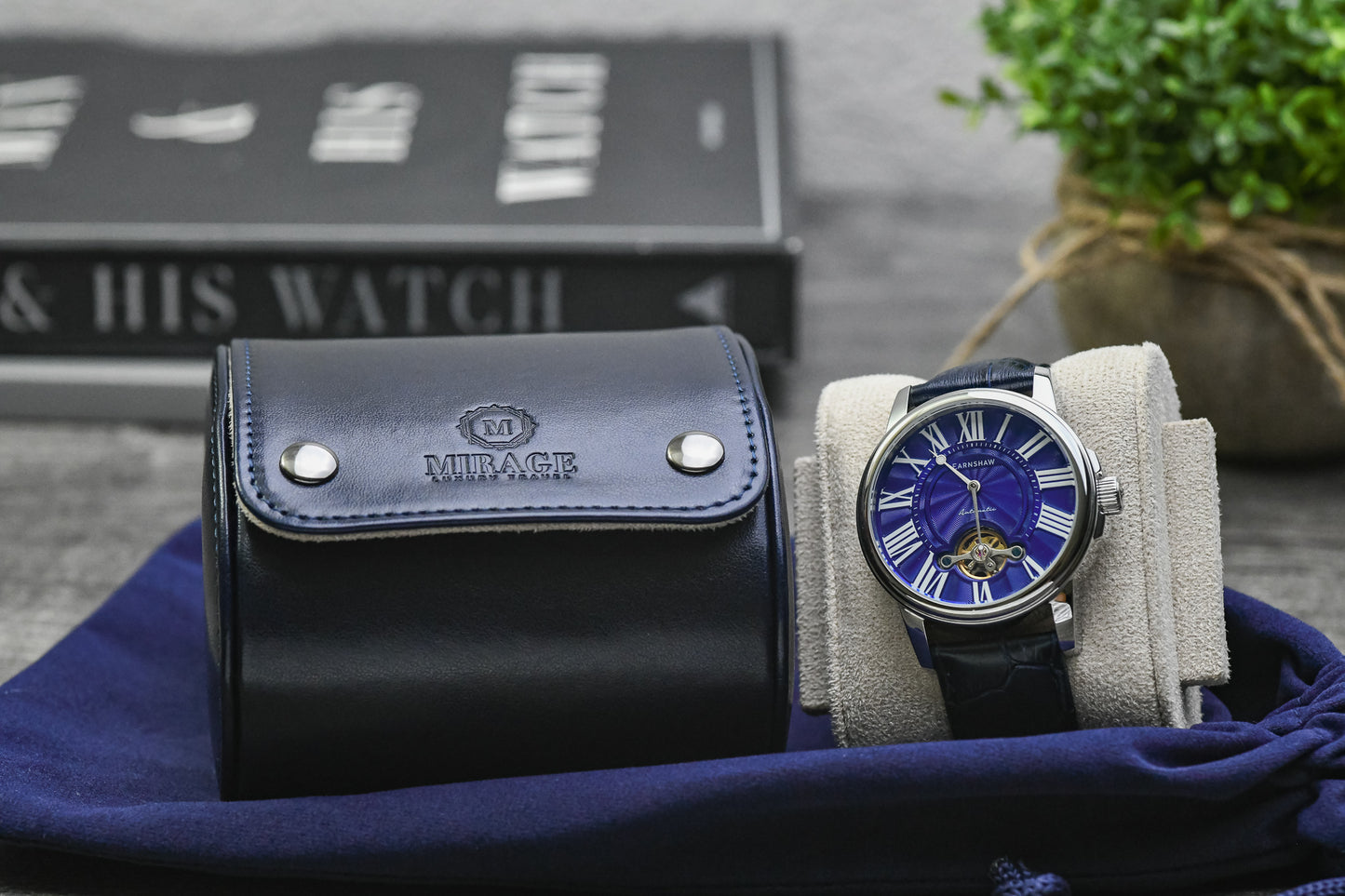 Midnight Blue vegan leather 1 watch roll with gift-ready presentation box, velvet travel bag, and luxury watch.