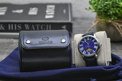 Midnight Blue vegan leather 1 watch roll with gift-ready presentation box, velvet travel bag, and luxury watch.