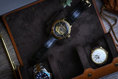 Luxury 3 watch roll featuring a plush suede-lined interior and signature sliding watch cushions that protect Rolex, Omega, Tudor, Seiko, and other luxury watches.